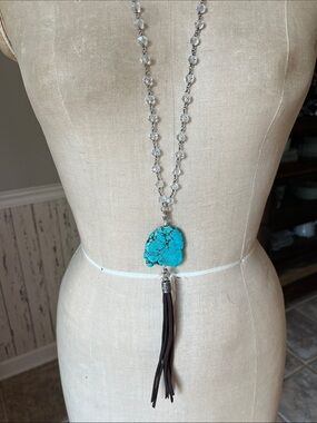 Katrina turquoise Howlite Stone Pendant Long Necklace chocolate suede tassel